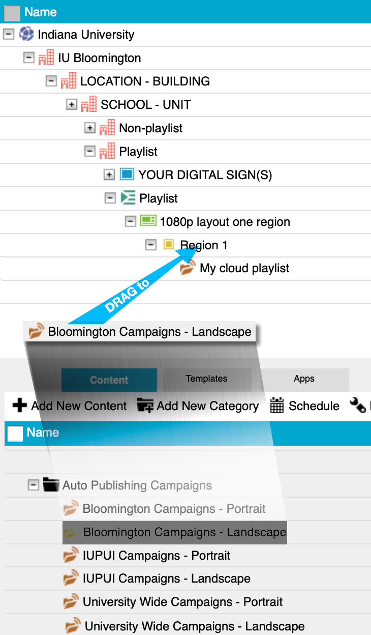 A graphic depicting dragging a playlist to the template region in Content Manager Web.