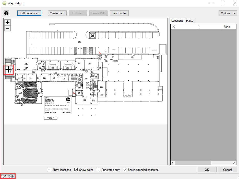 crosshairs to use for you are here location. coordinates at bottom left-hand corner